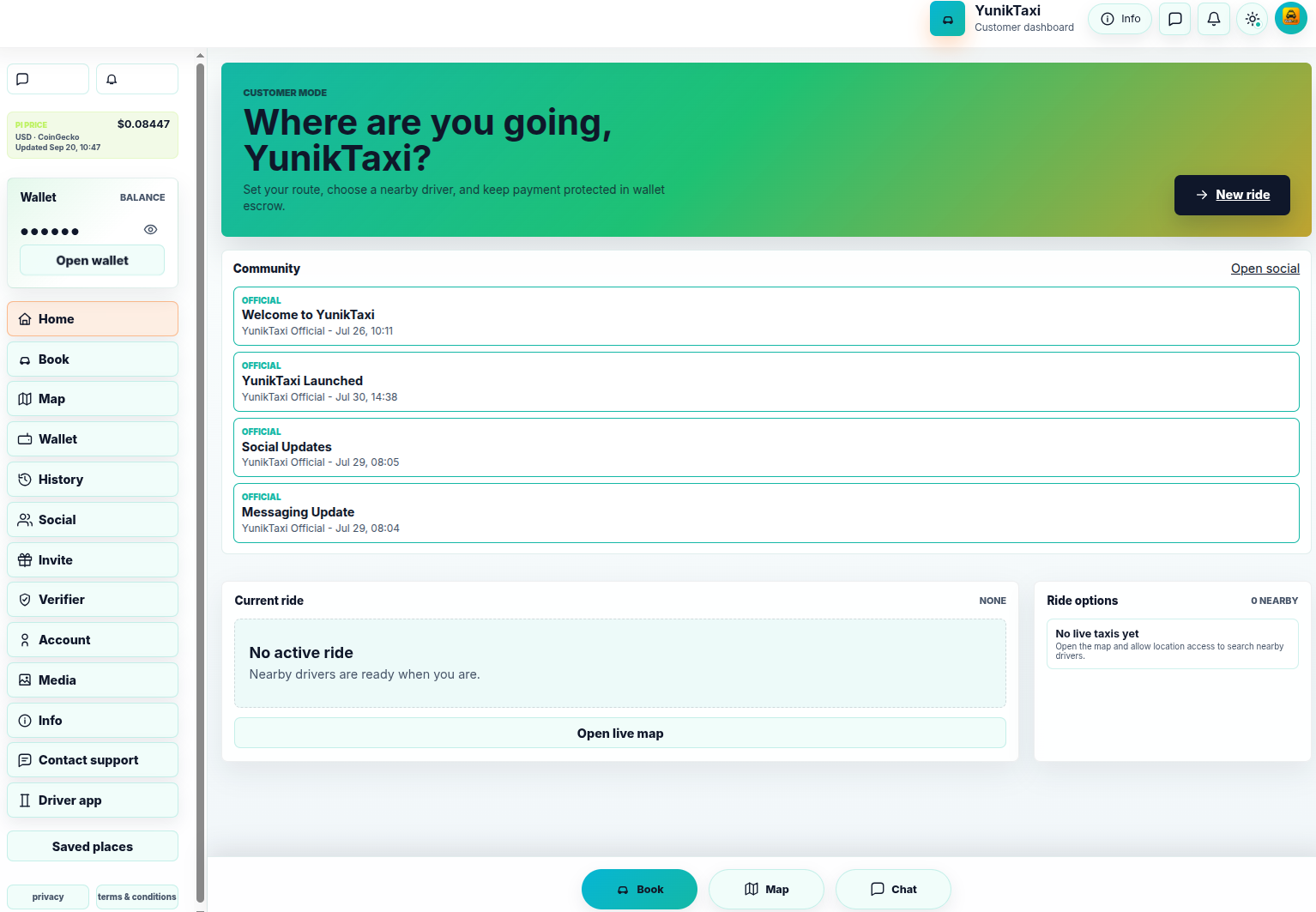 YunikTaxi driver dashboard